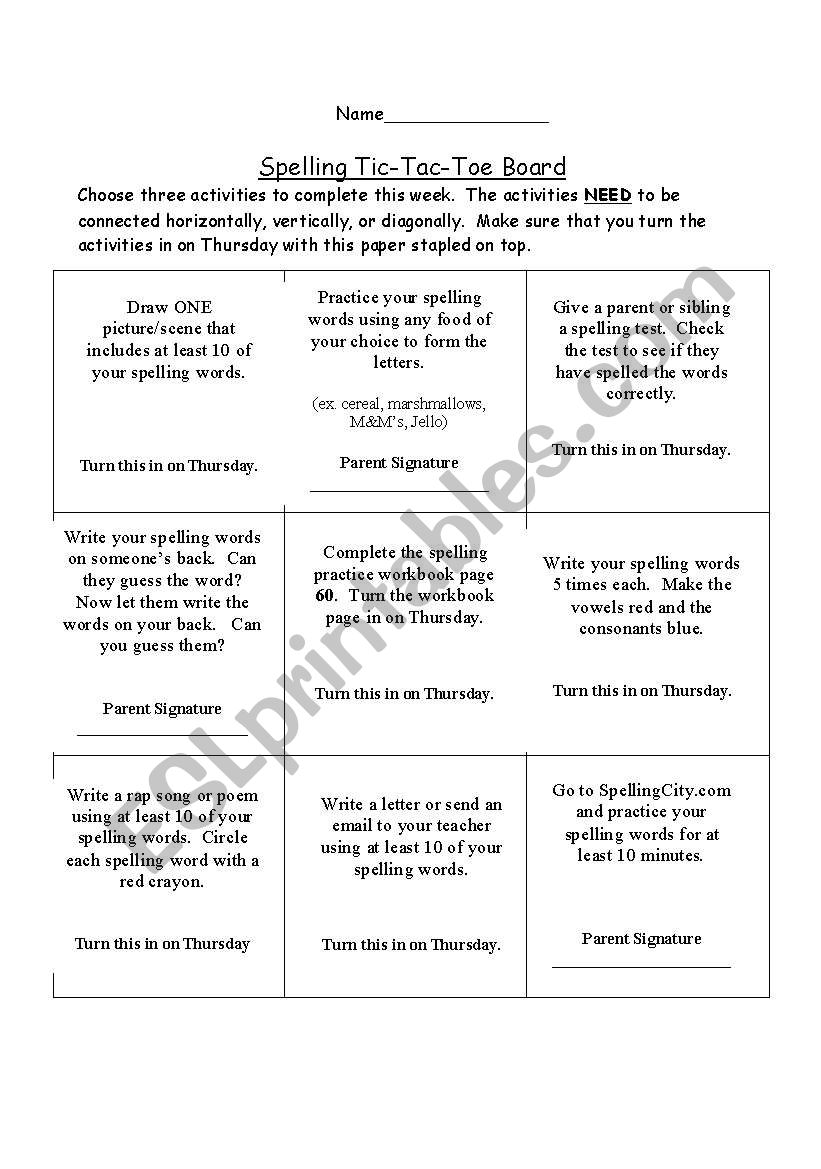 Spelling Tic Tac Toe worksheet