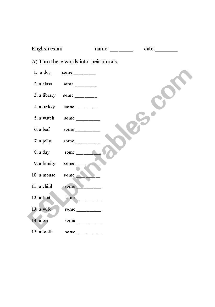 plural exam worksheet