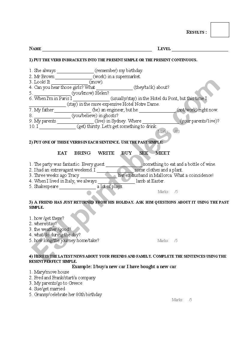 Level Test worksheet