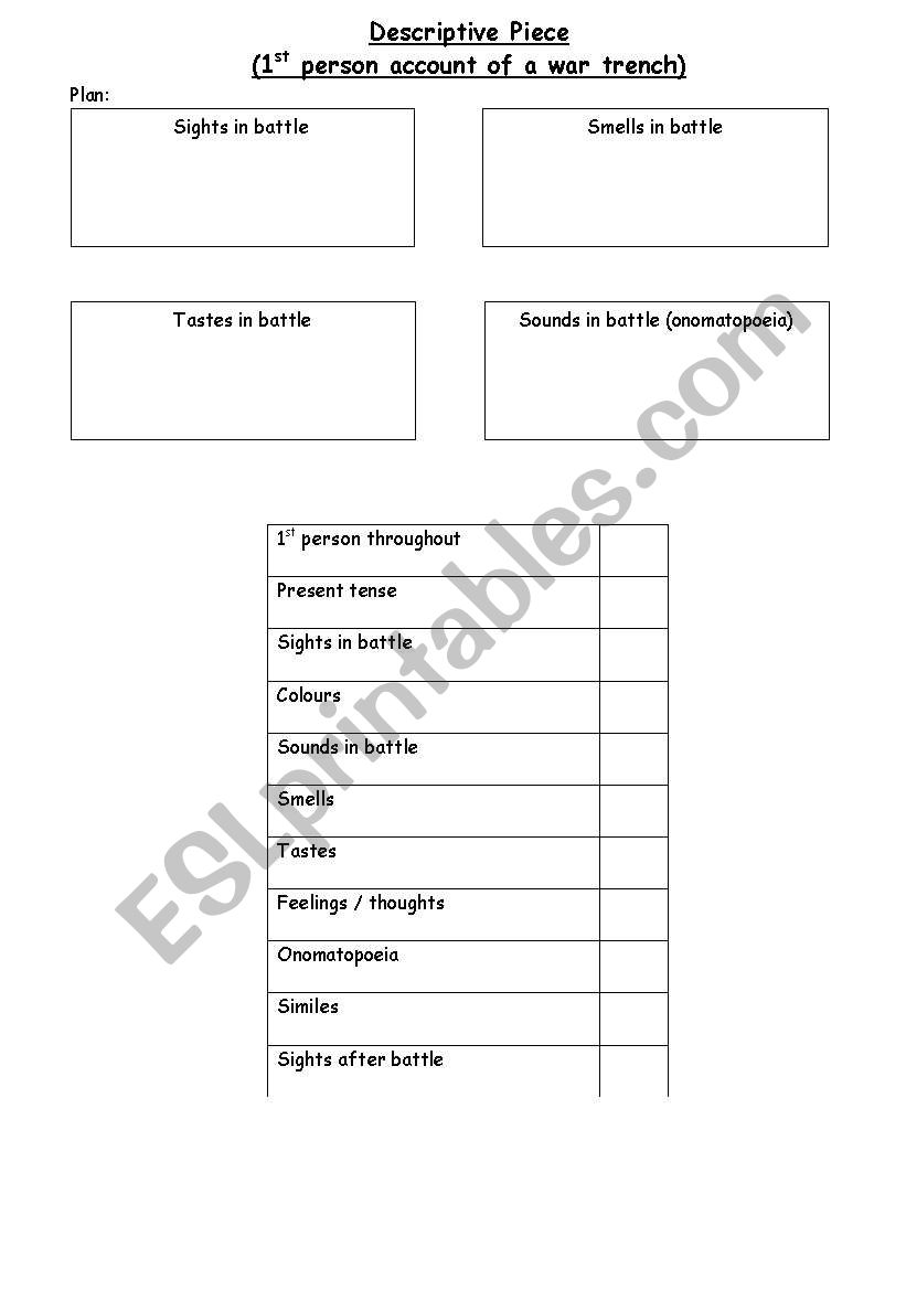 Descriptive piece plan worksheet