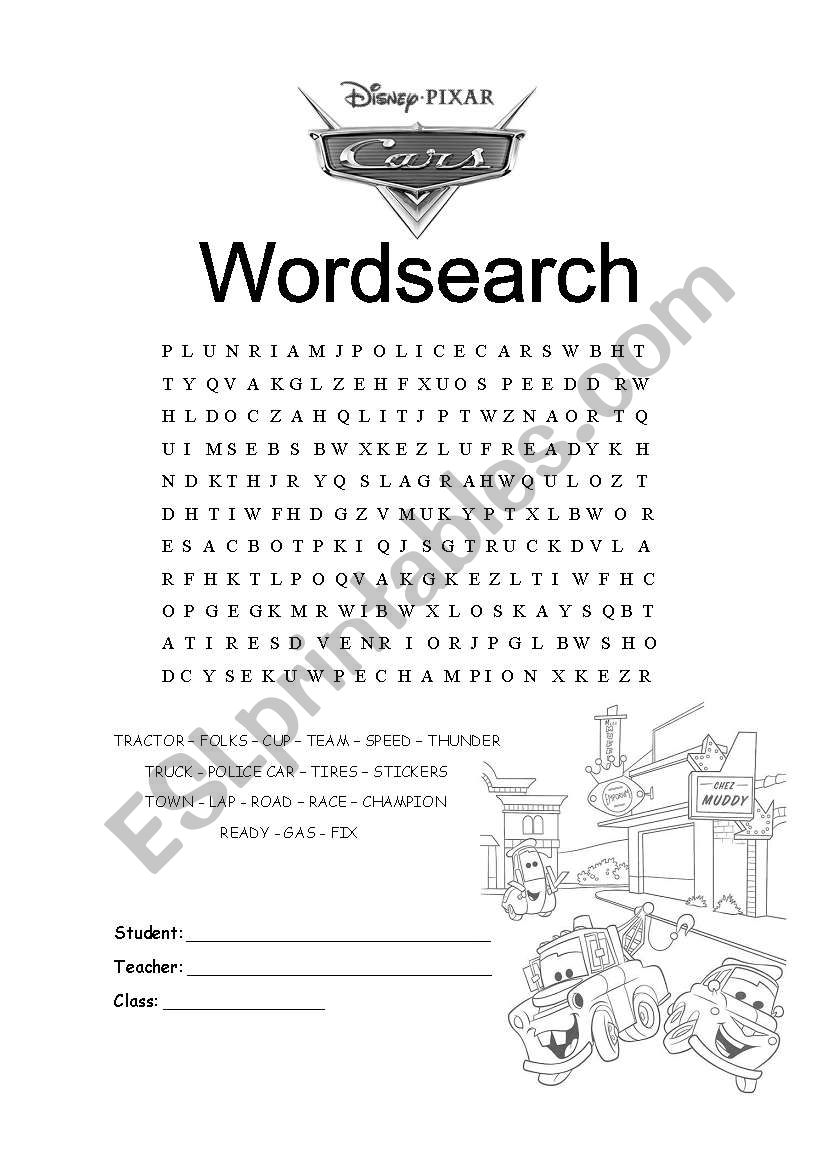 Cars - Wordsearch worksheet
