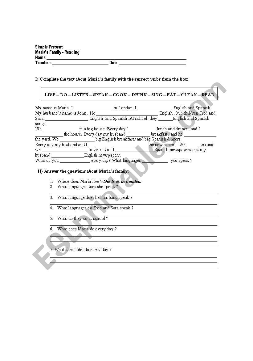 Marias family worksheet