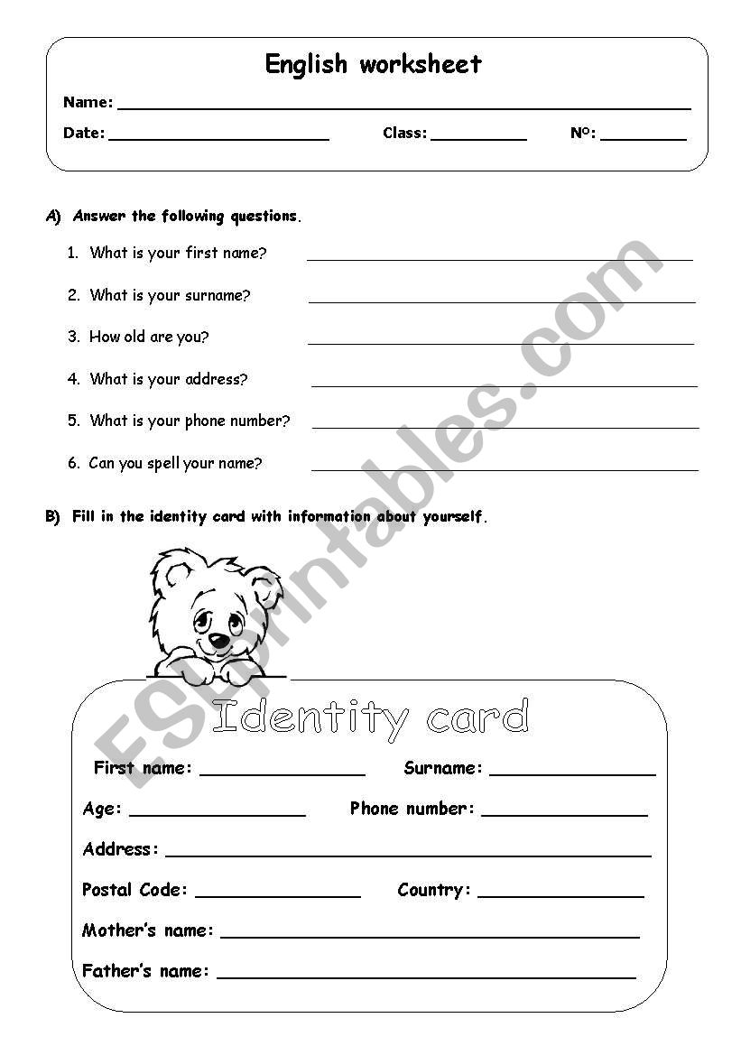 Identity worksheet