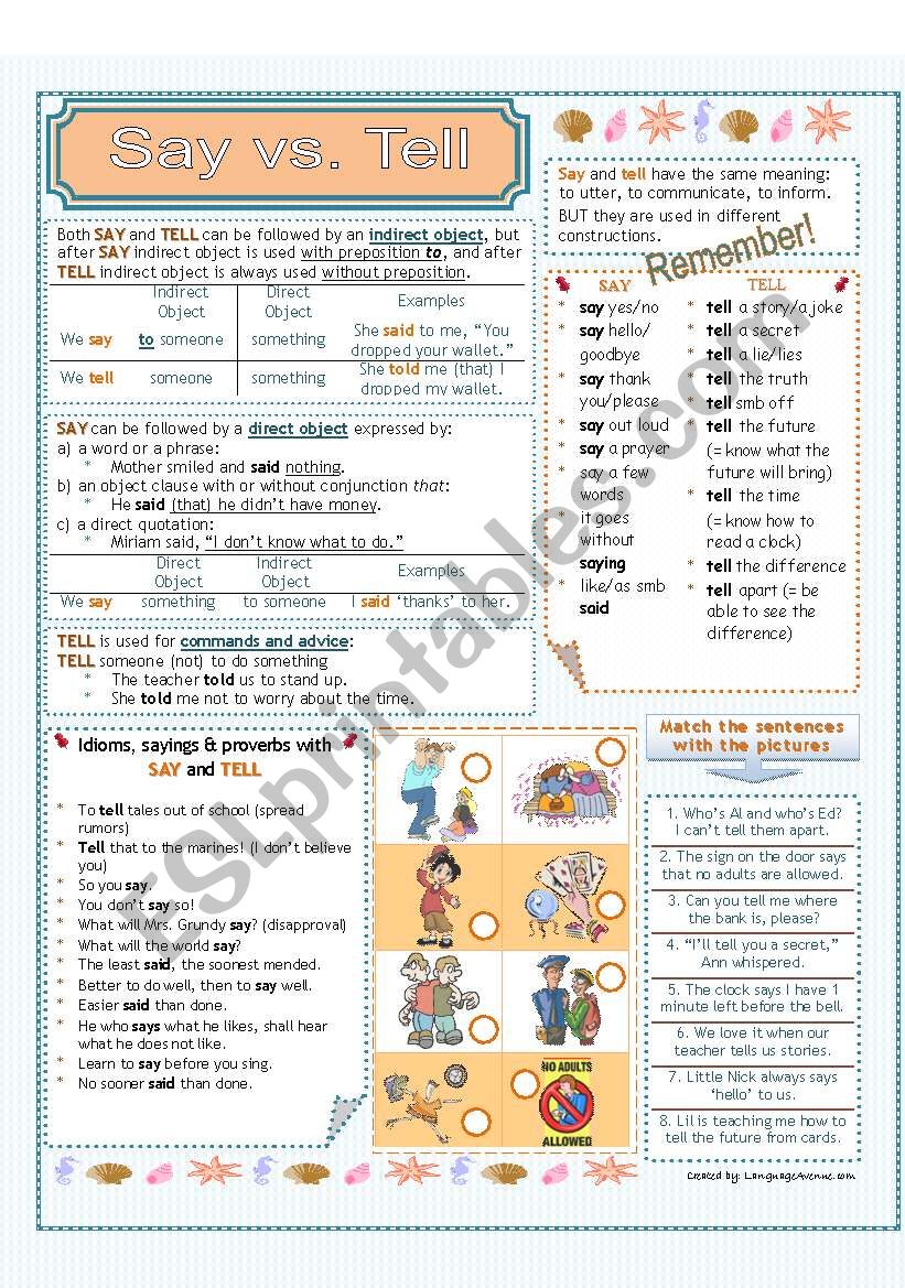 Say vs. Tell - 2 pages + key worksheet