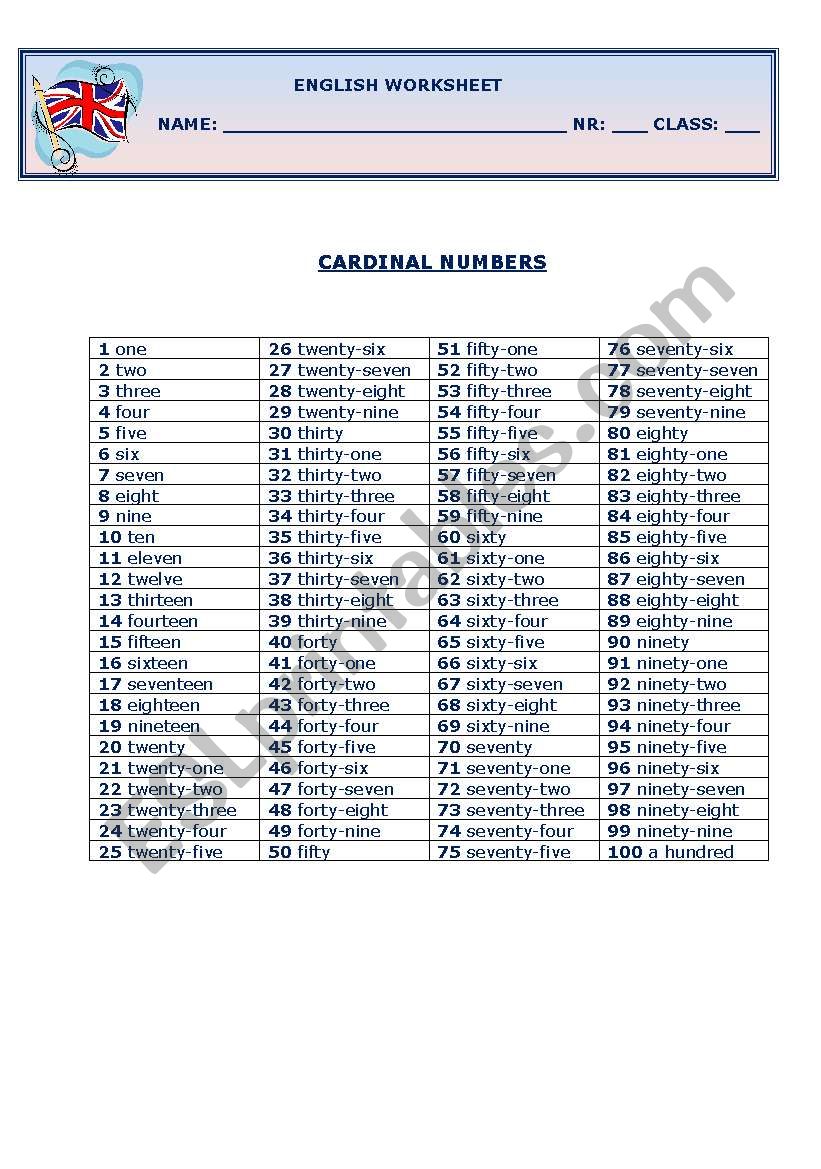 Cardinal Numbers worksheet