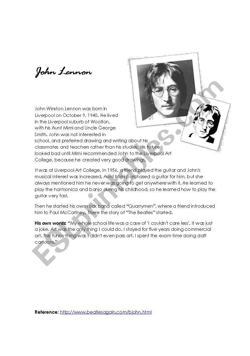 John Lennon School life worksheet