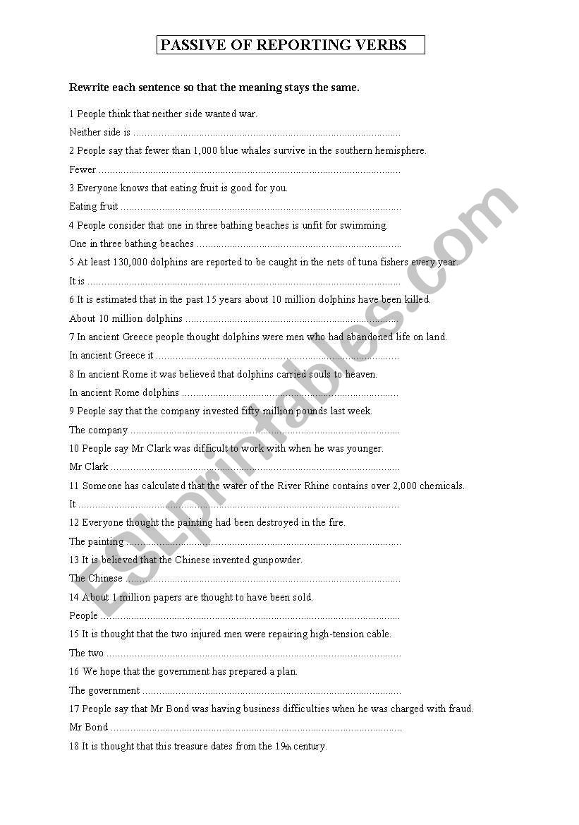 PASSIVE OF REPORTING VERBS worksheet