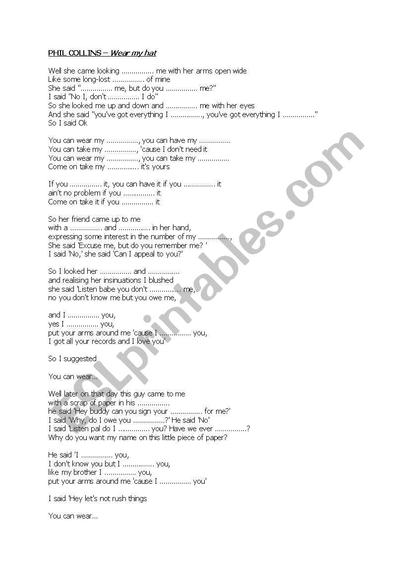 Phil Collins - Wear my hat worksheet