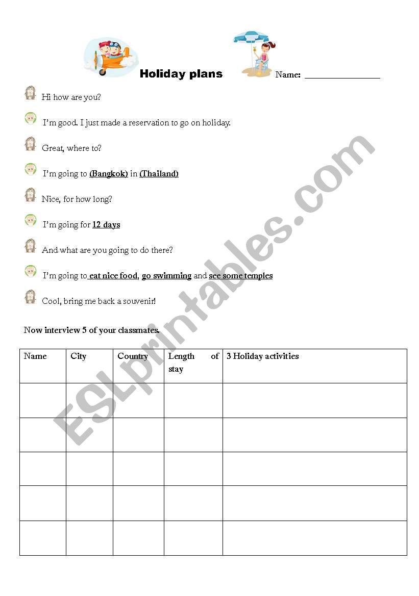 holiday plans worksheet