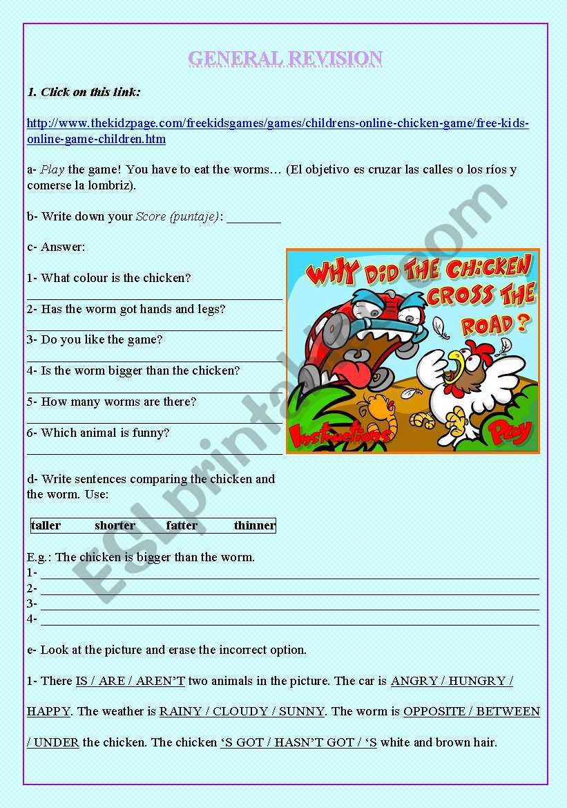 Have fun with English!: Free and easy game to play online + activities based on it (General revision: simple present, there is/are. comparatives, prepositions of place)