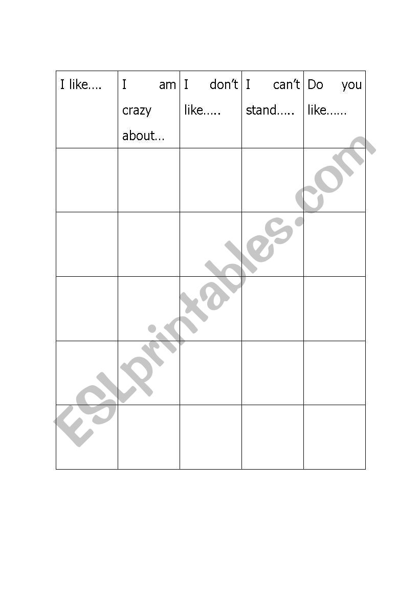 Likes and Dislikes worksheet