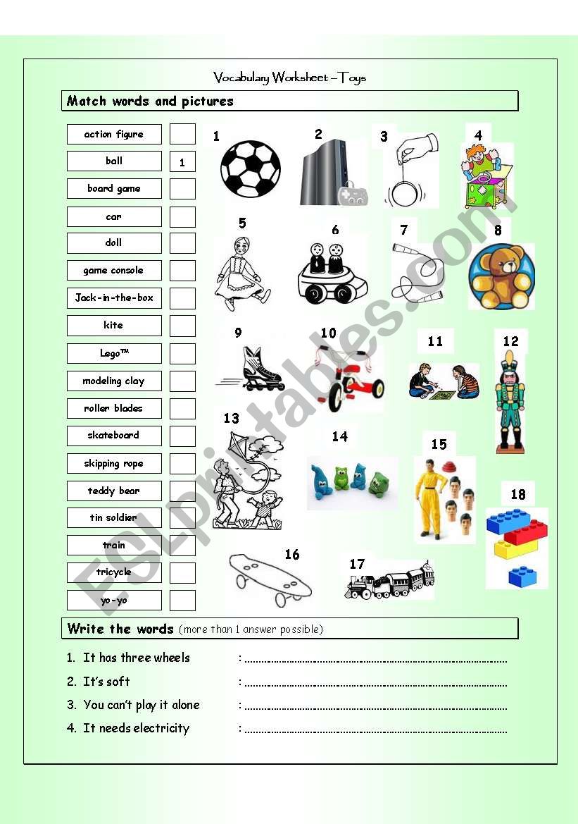 Vocabulary Matching Worksheet - TOYS