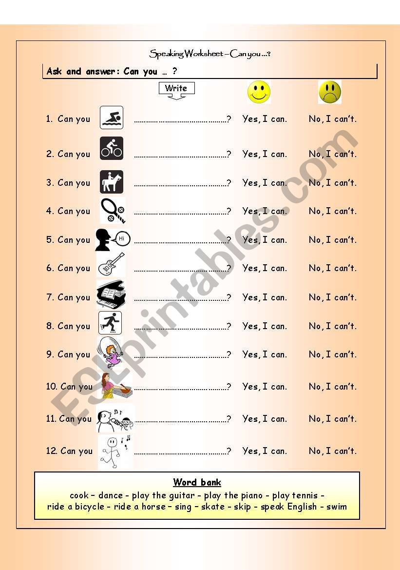 Speaking Worksheet - Can you ...?