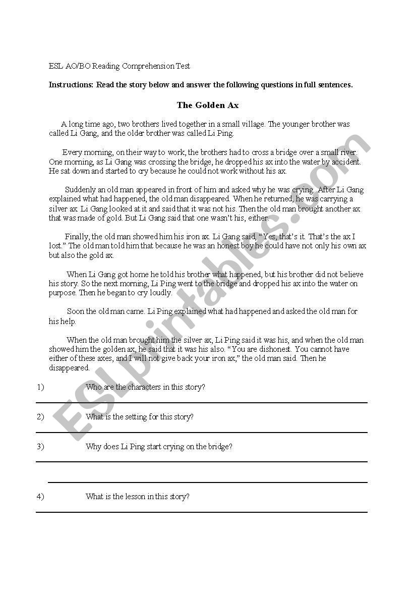 ESL Short Story Reading Comp Test - ESL Worksheet By Aaina - ESL Short Story Reading Comp Test - ESL Worksheet By Aaina