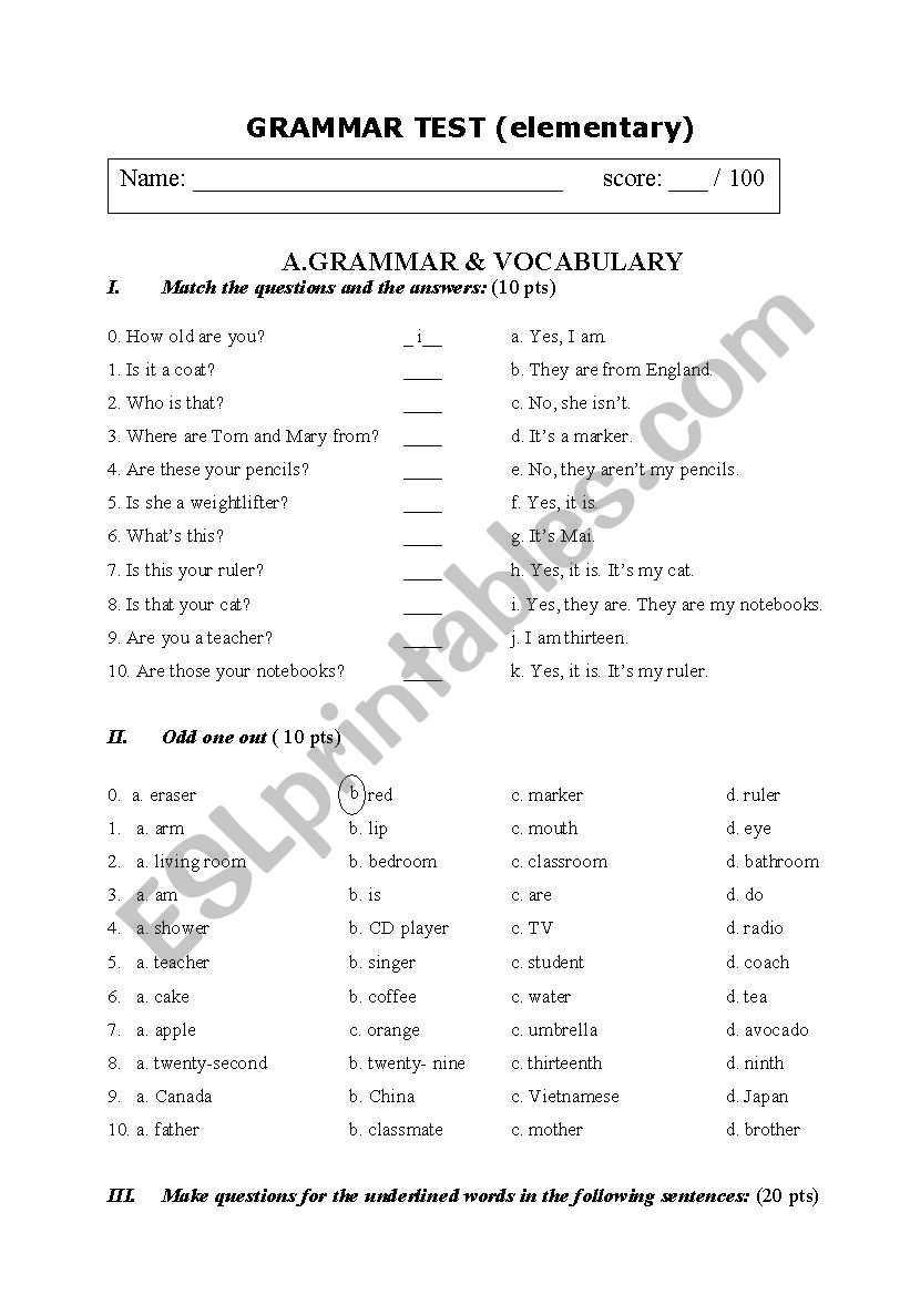 Grammar test for elementary worksheet