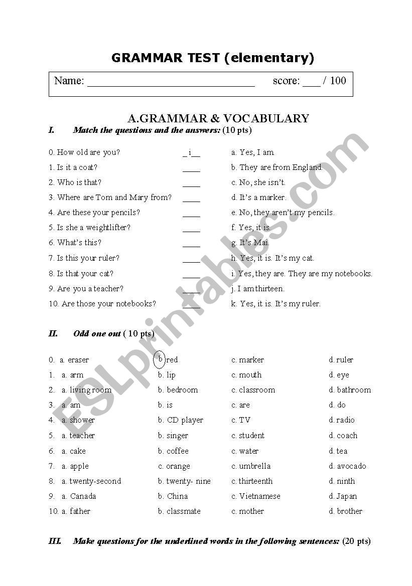 Grammar test for elementary worksheet