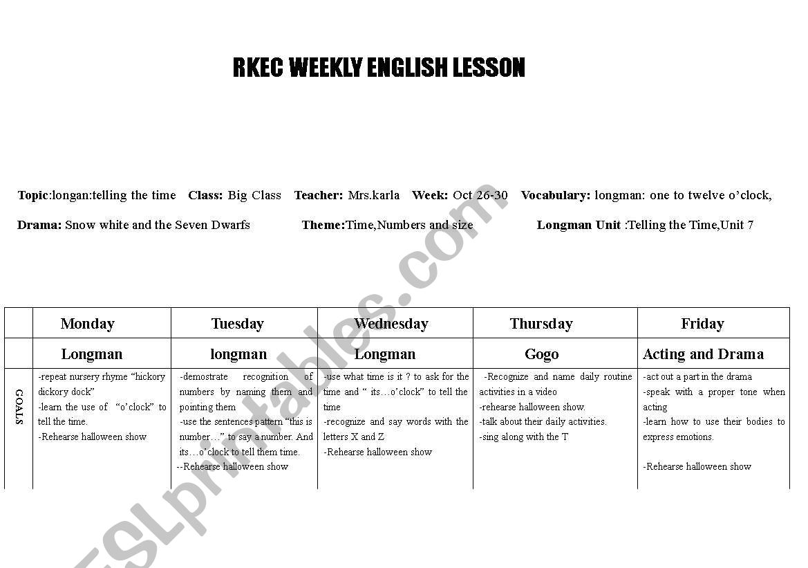 WEEKLY LESSON PLAN ! worksheet