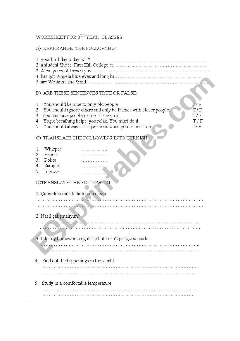 workshheet 8th grades worksheet