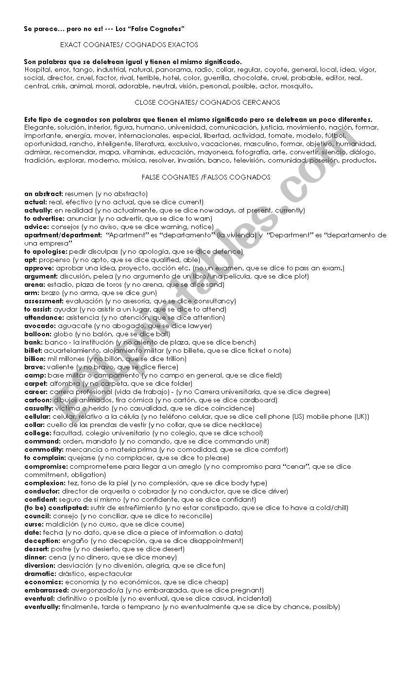 False cognates worksheet