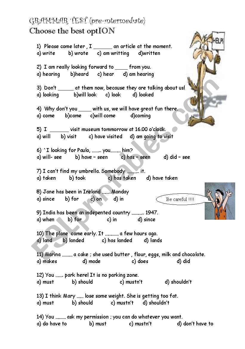 pre intermediate test worksheet