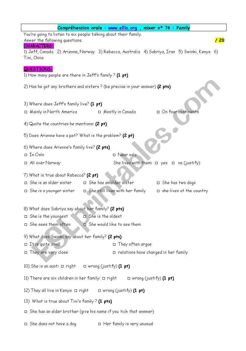 family  comprhension orale worksheet