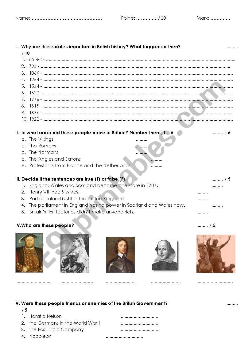 Quiz on British History worksheet