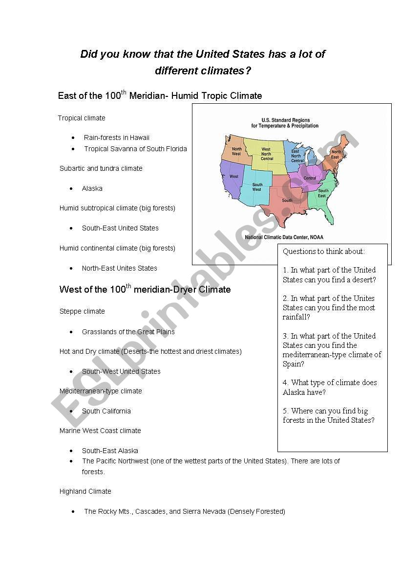 U.S. Climate worksheet