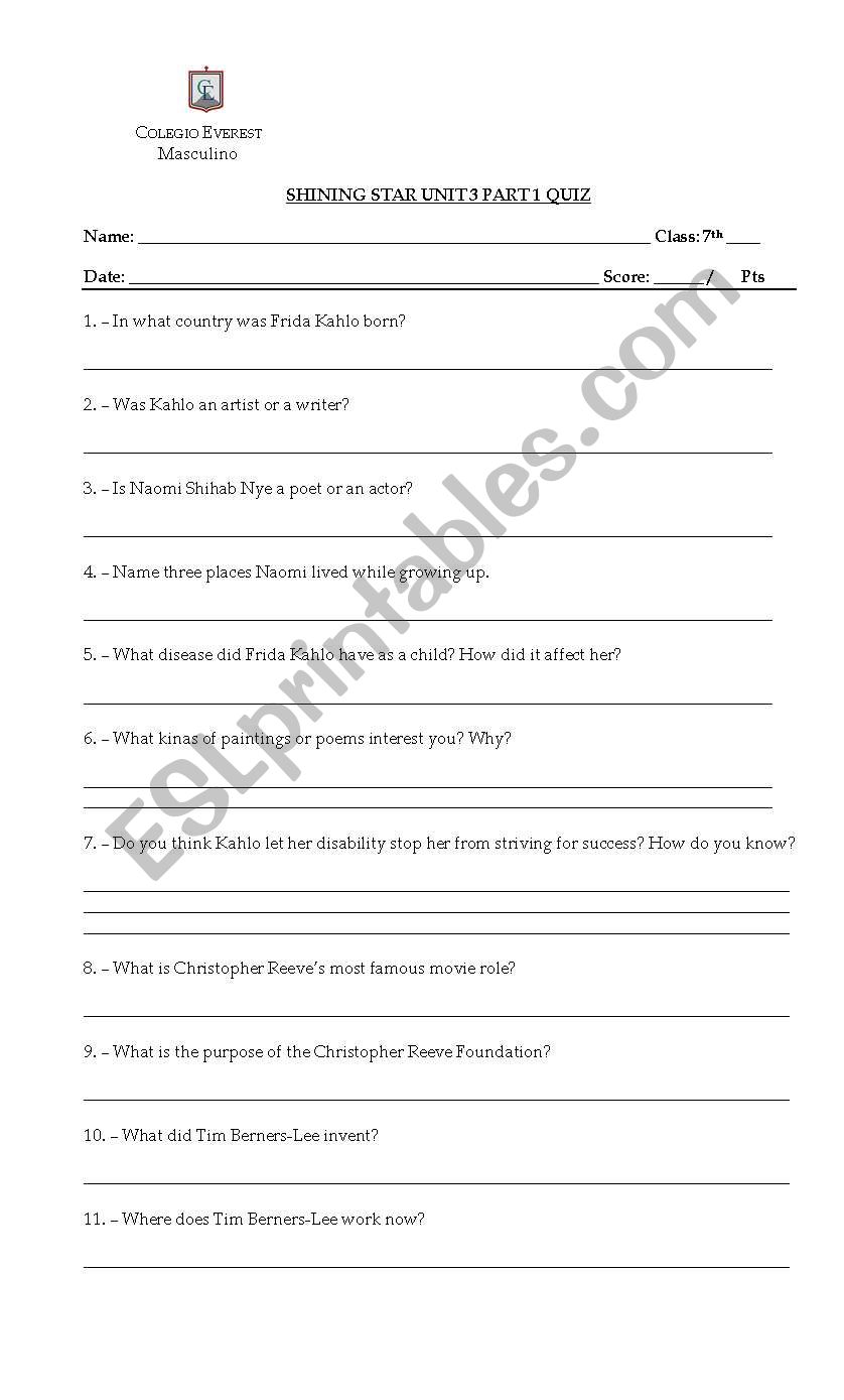 Shining Star Unit 3 Example exam