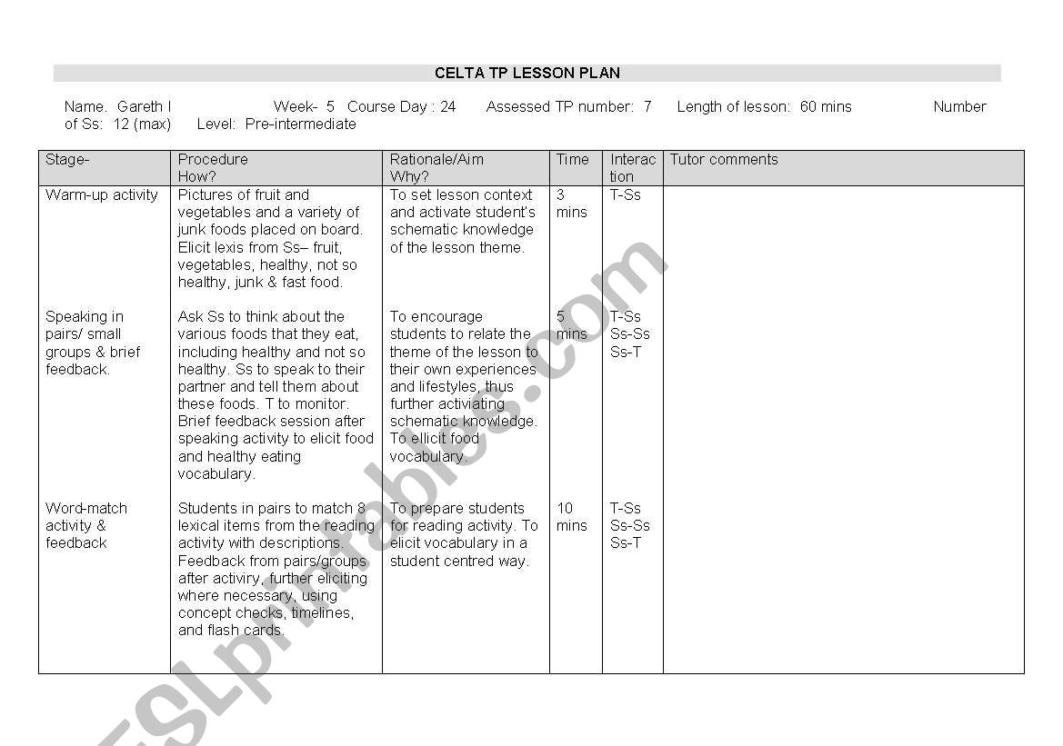 CELTA skill assignment lesson - tpf form and lesson plan