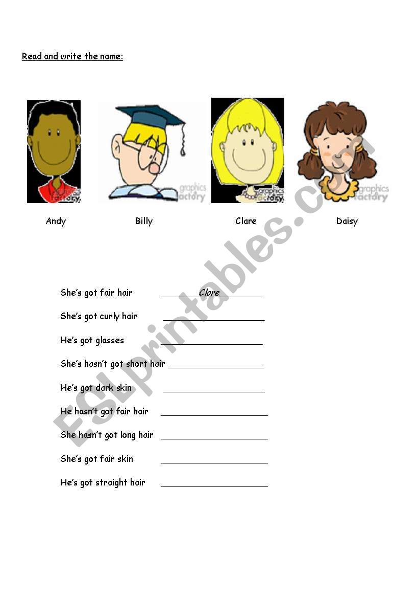 Face and hair descriptions worksheet