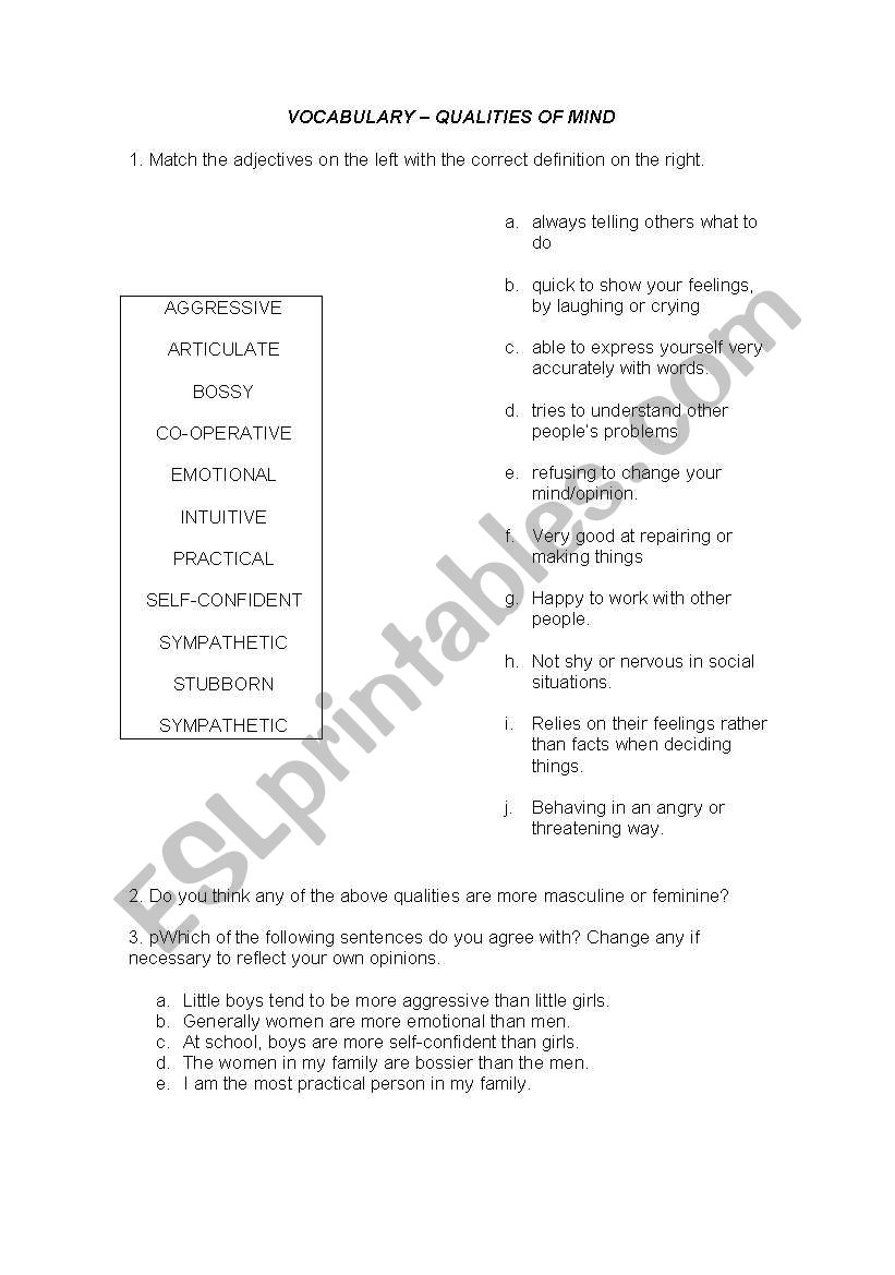 qualities of mind vocabulary worksheet