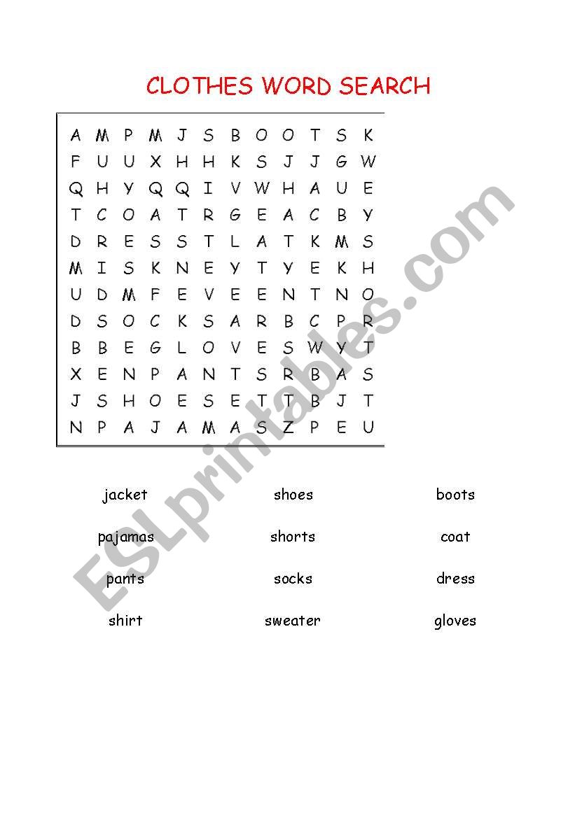 CLOTHES WORD SEARCH worksheet