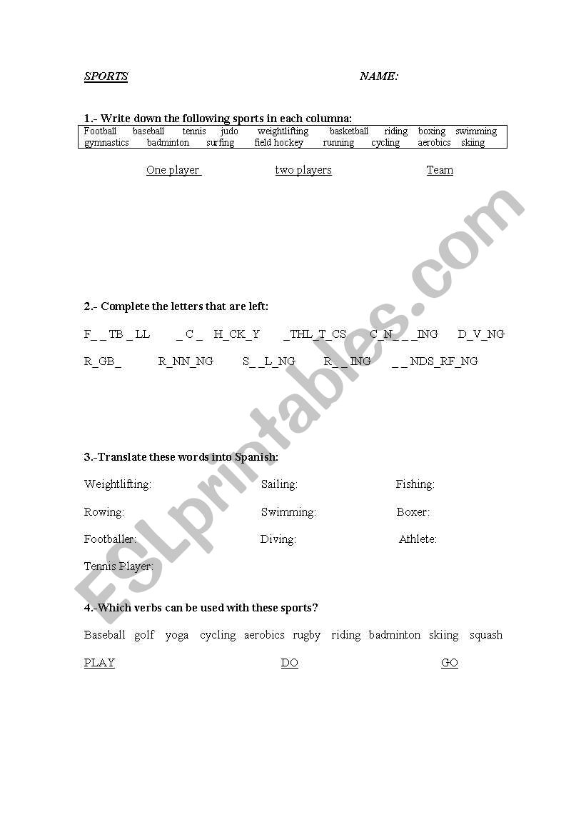SPORTS worksheet