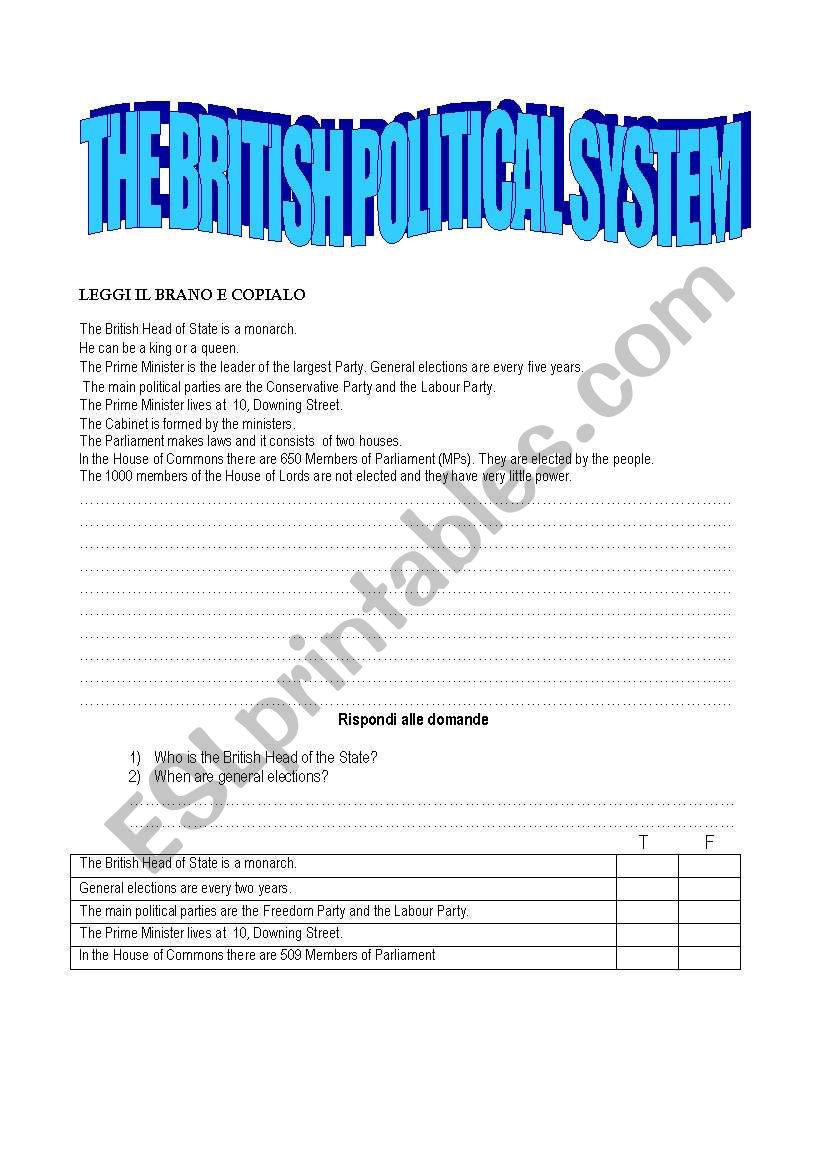 the british  political sistem worksheet