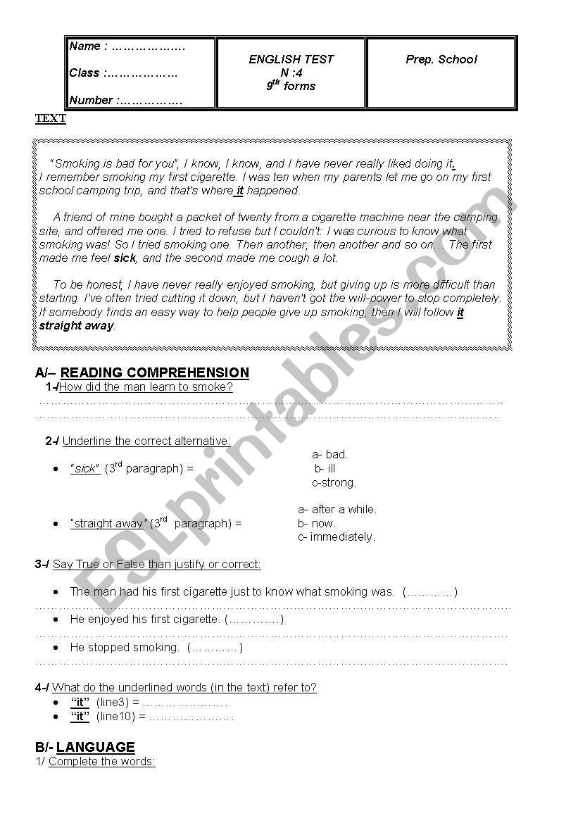 9th form test worksheet