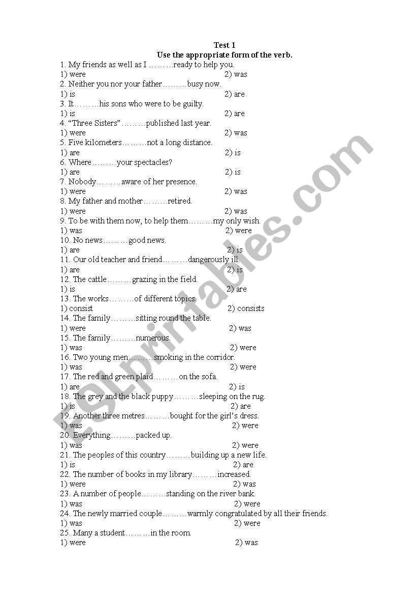 Test: Agreement of the predicate with the subject