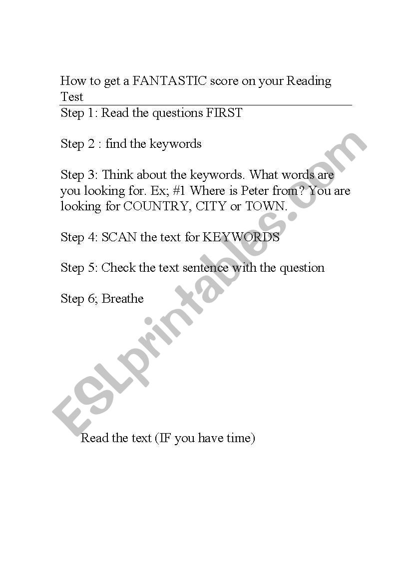 Reading Test Skills  worksheet