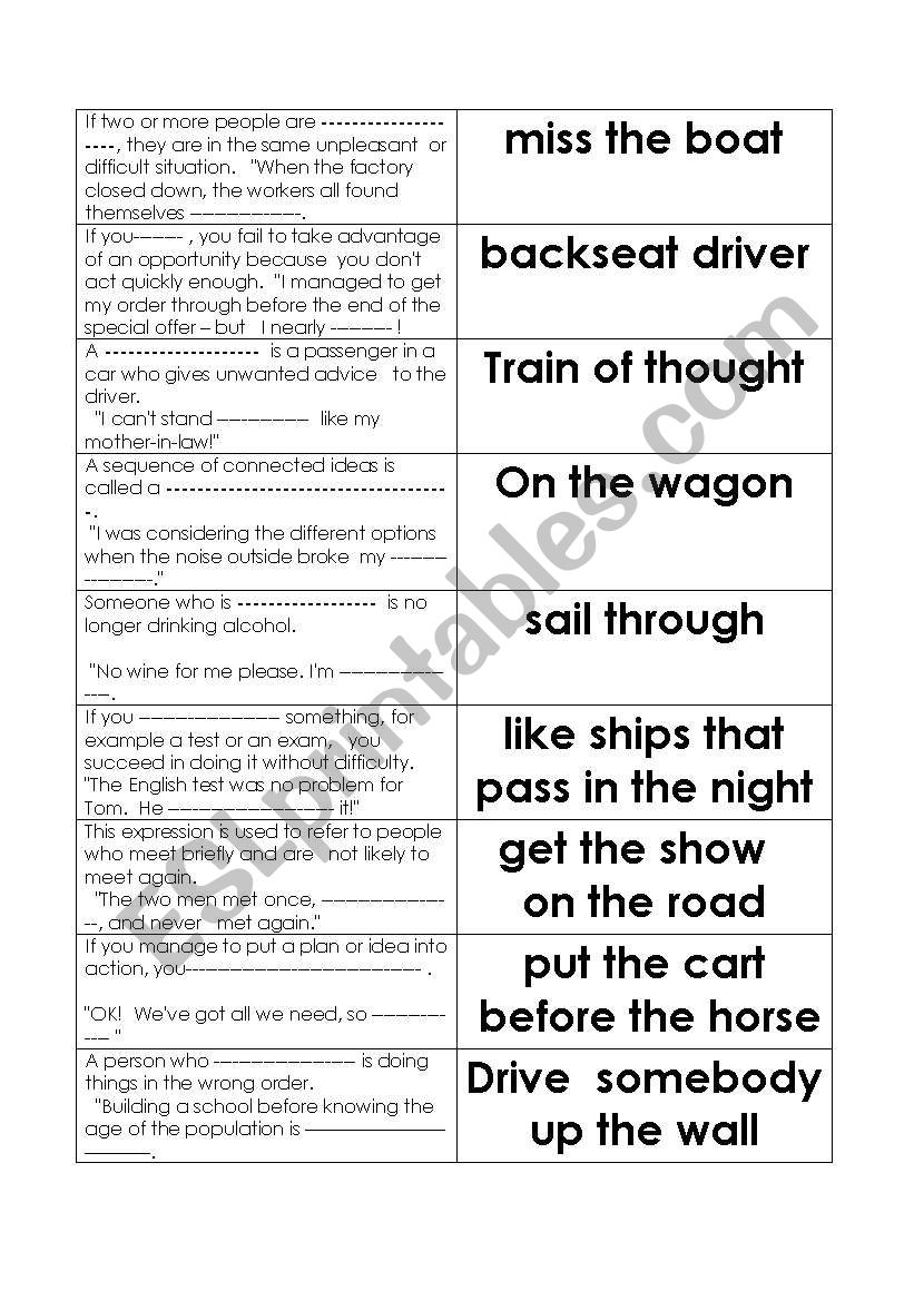 Tansportation idioms dominoes worksheet