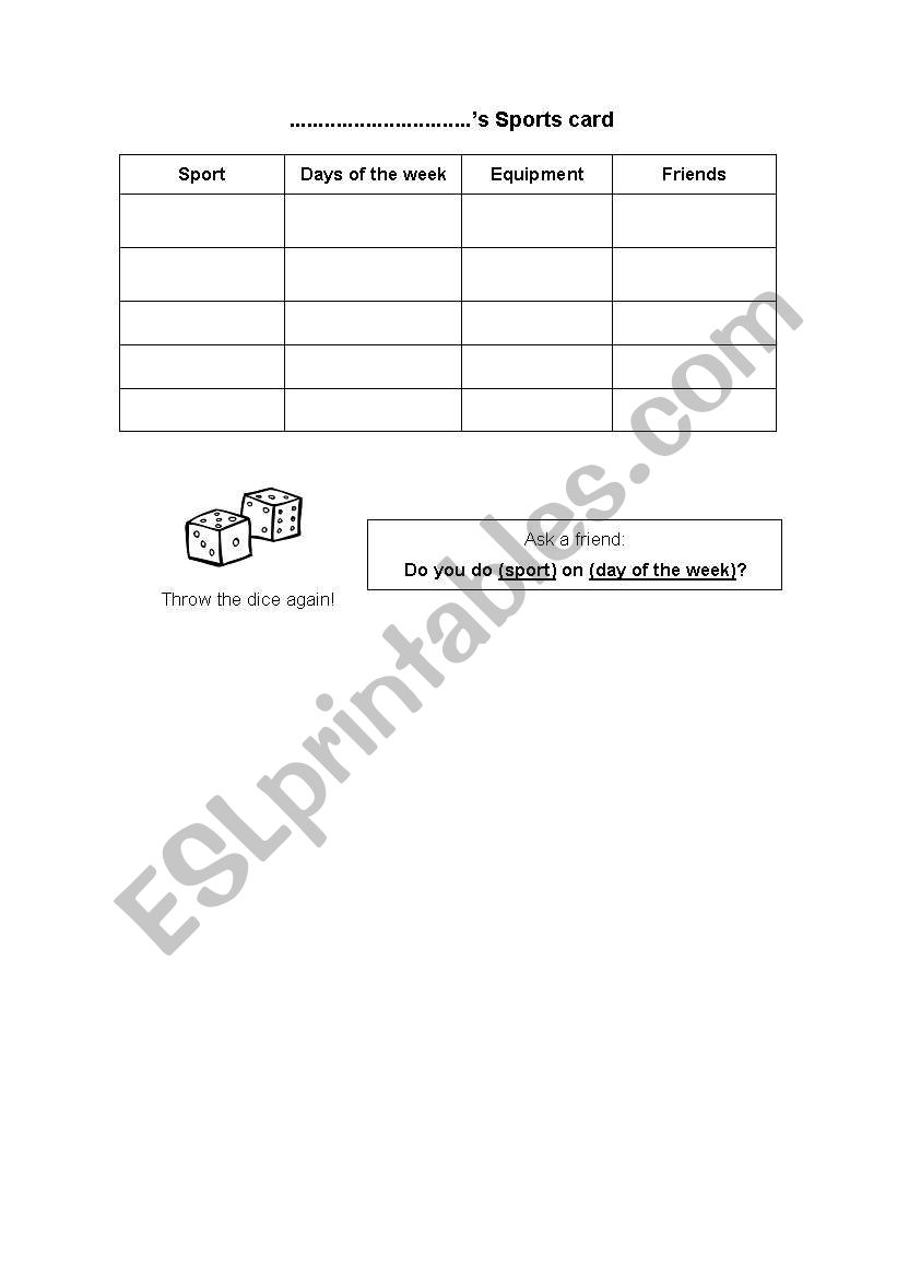 Sports game worksheet