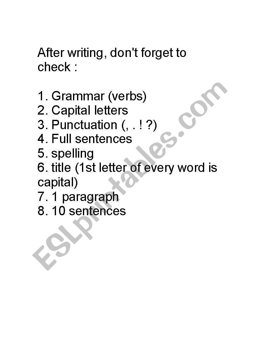 Post Writing Checklist worksheet