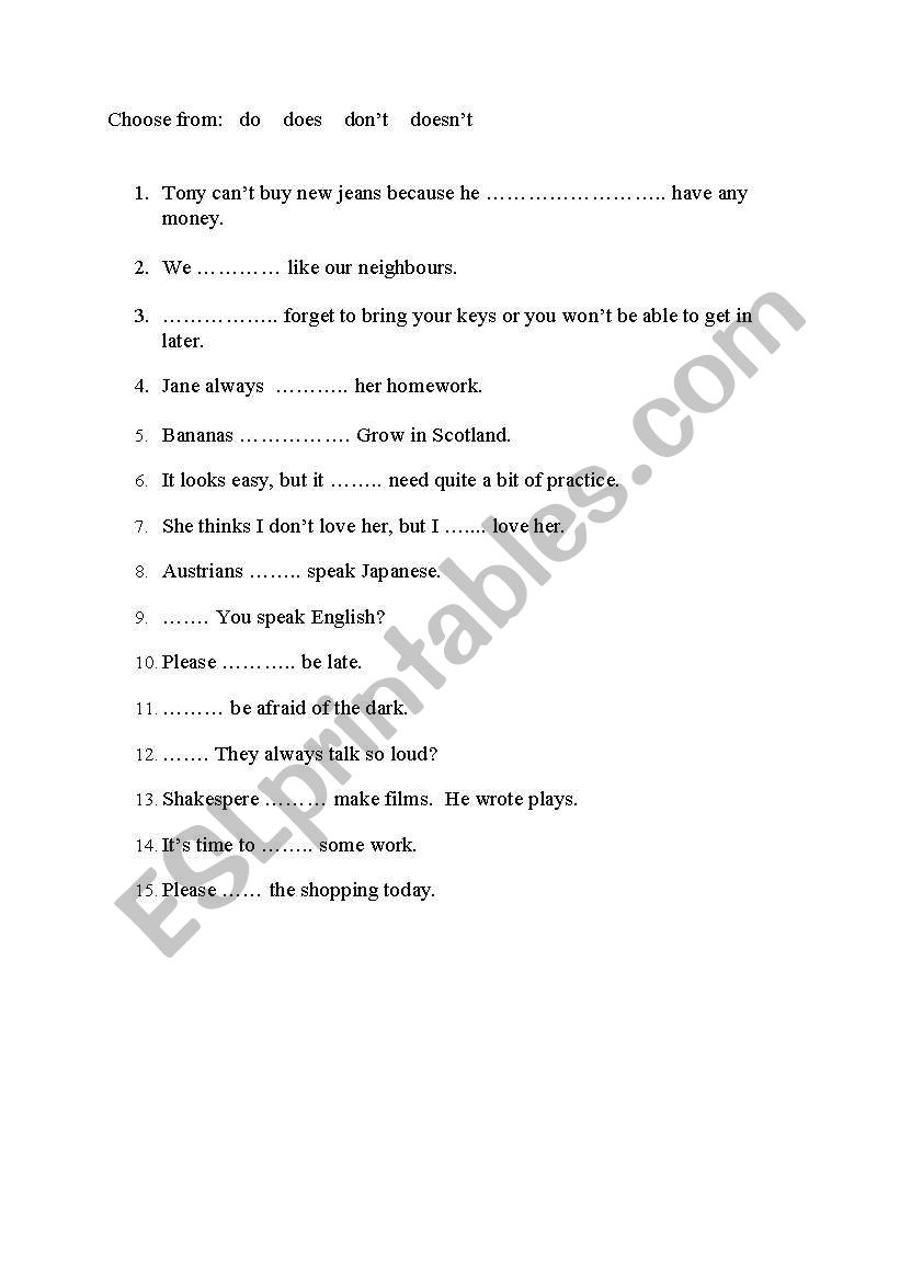 Do or Does exercise worksheet