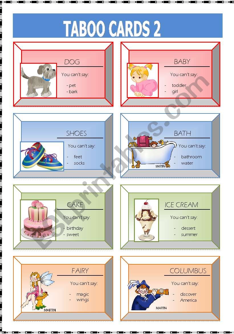 Taboo cards 2 worksheet