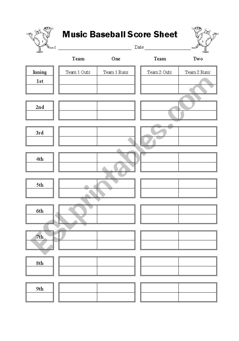Music:  Music Baseball Game Score Sheet