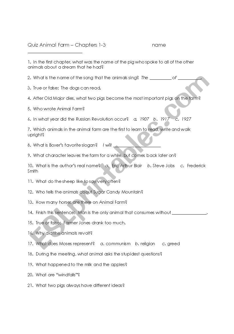 Animal Farm Quiz Chapters 1-3 worksheet