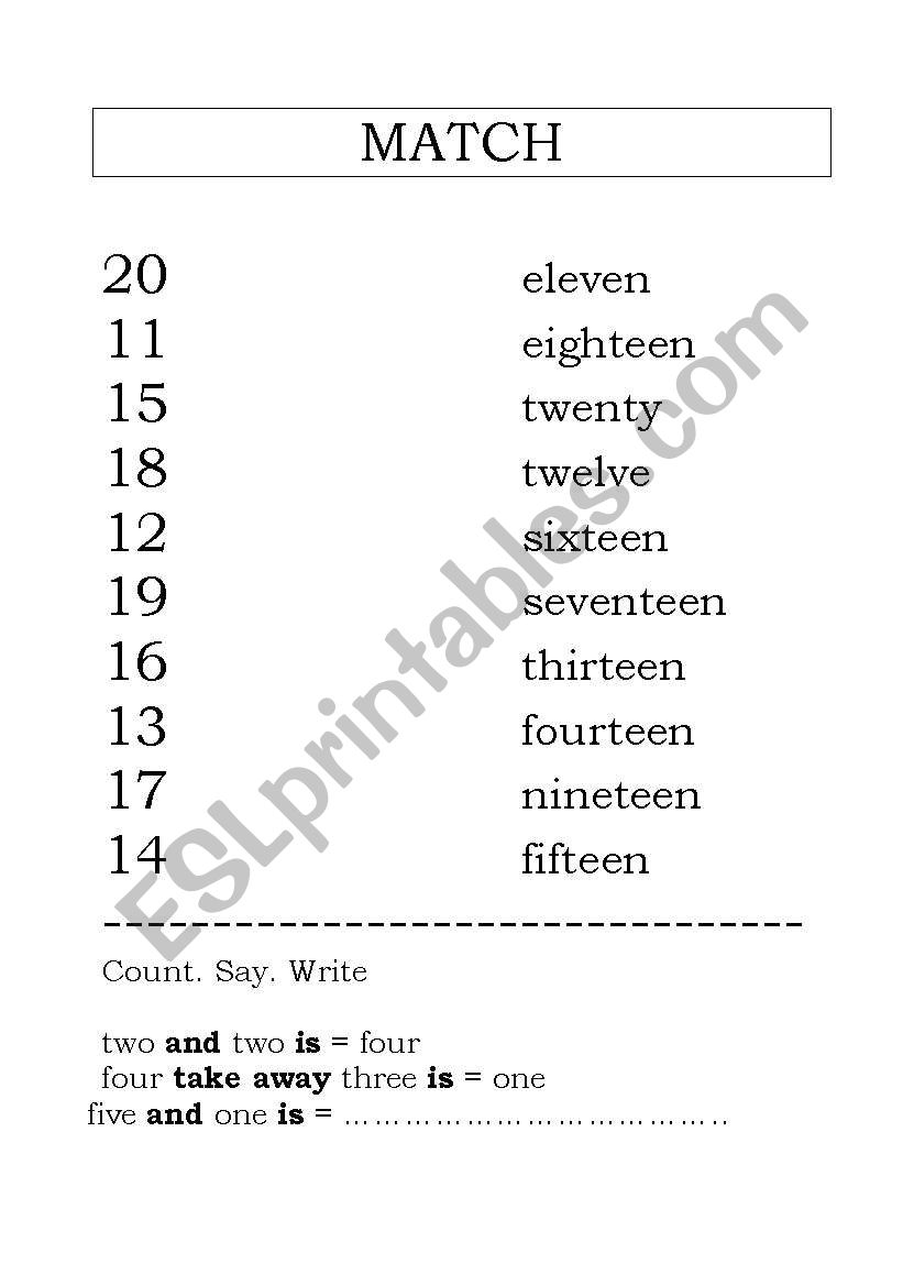Numbers 11-20 and addition worksheet