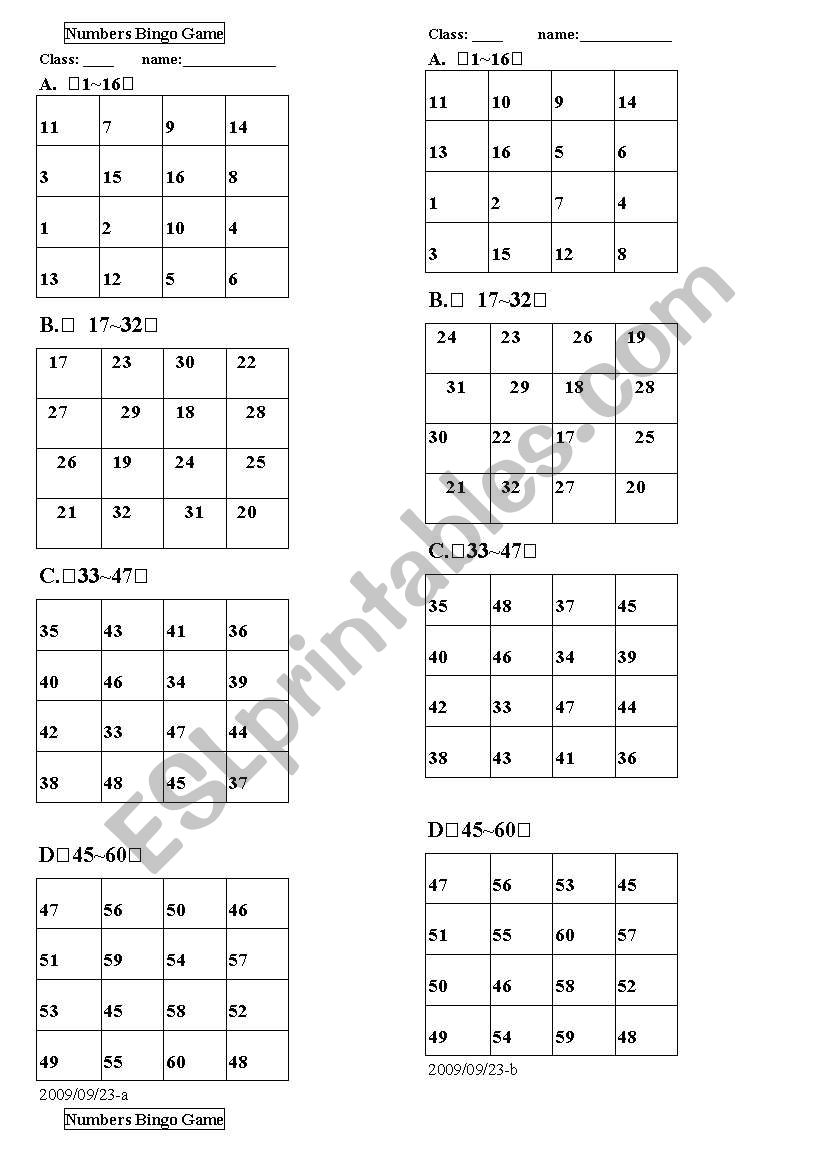 numbers bingo worksheet