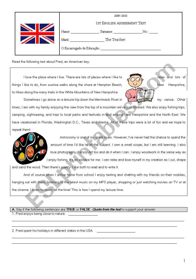 Assessment Test on Hobbies worksheet