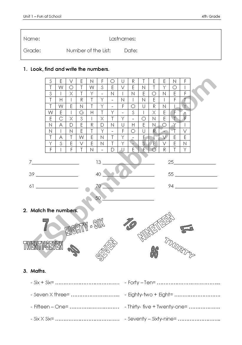 Number Exam 4th Grade worksheet