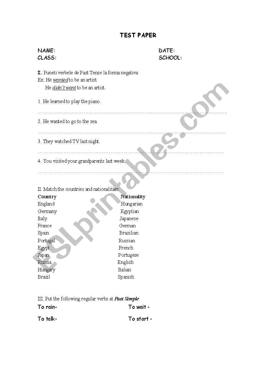Test paper worksheet