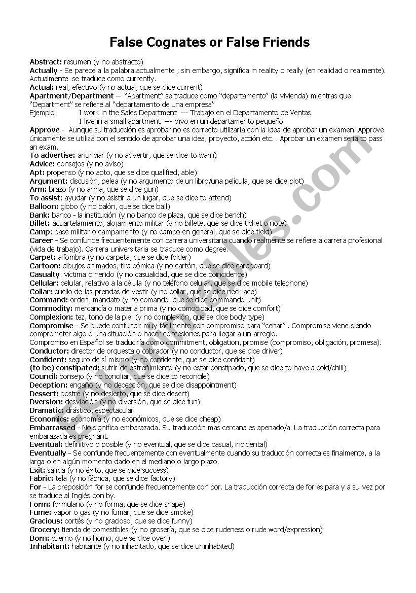 Cognates and False Cognates worksheet